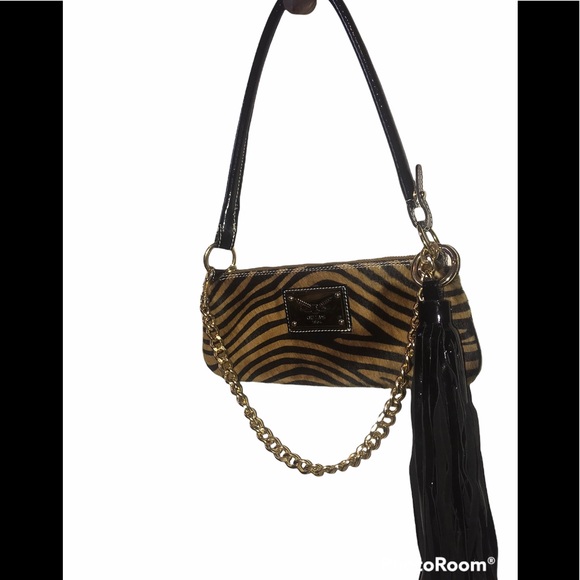 Guia’s 100% Leather Animal Print Gold Chain with Tassel Handbag made in Italy - Picture 12 of 16